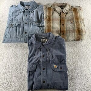 Lot (3) Bundle Carhartt Short‎ Sleeve Large Tall Button Up Shirts Pocket Blue
